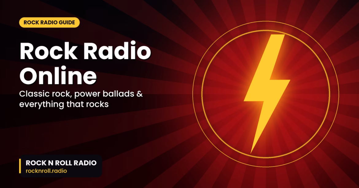 Rock n Roll Radio graphic: gold lightning bolt on a red sunburst with the headline Rock Radio Online